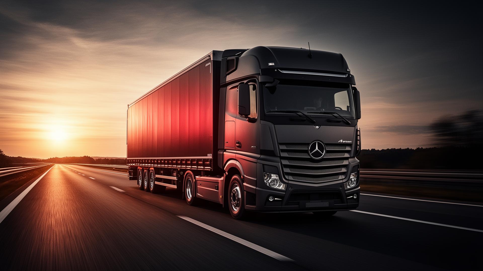 European semi-truck on the highway at sunset